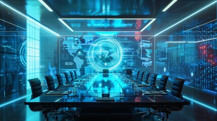 Futuristic conference room with digital screens and a sleek design, ideal for tech meetings and corporate discussions.