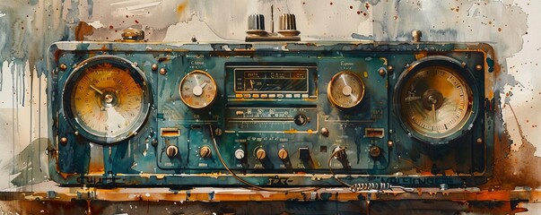 A watercolor painting of a vintage radio with its rotary dials and analog gauges, its nostalgic charm evoking memories of simpler times, showcasing the evolution of communication technology.