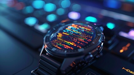 Close up of a smartwatch displaying lines of code, showcasing the seamless integration of coding and wearable technology in modern life, highlighting the future of tech accessories and digital devices
