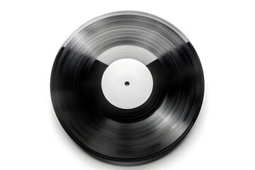 Obraz premium Top view of a vintage vinyl record with a blank center label on a white background, highlighting the grooves and classic design.