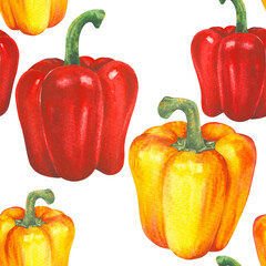 Seamless pattern with bell peppers painted in watercolor. Watercolor sweet peppers in a seamless illustration. Idea for holiday decoration and creating prints.