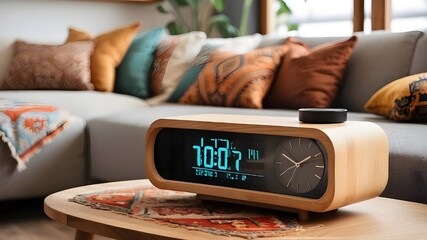 A contemporary living room with a bohemian interior style. Close-up of a wooden table alarm clock next to a sofa