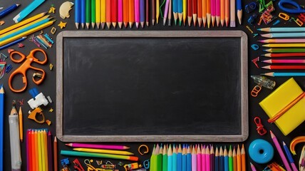 "Blackboard framed by colorful school supplies, center space left for text. Education background