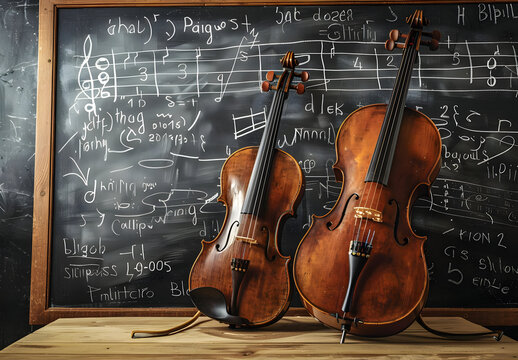 Two violins against a chalkboard with musical notes and equations, representing the intersection of music and education.