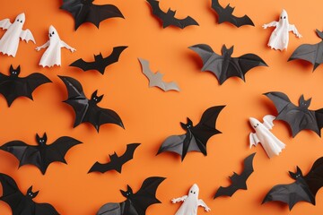 Happy halloween holiday concept. Halloween decorations, bats, ghosts on orange background. Halloween party greeting card mockup