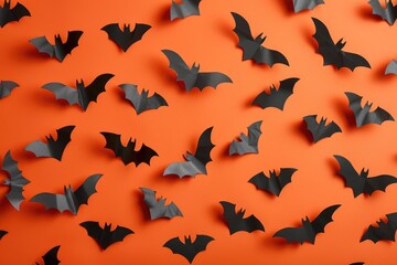 Happy halloween holiday concept. Halloween decorations, bats, ghosts on orange background. Halloween party greeting card mockup