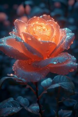Beautiful shimmering rose at night, shimmering flowers. Crystal flowers.