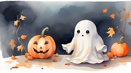 An adorable little ghost for Halloween, with watercolor illustrations of orange pumpkins