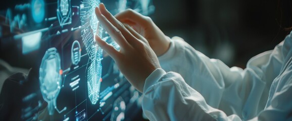 Scientist using touch screen interface with hologram of human body