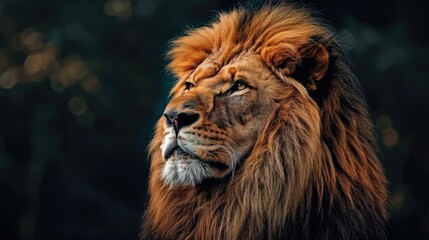 Fototapeta premium Close-up of a majestic lion with a golden mane staring intensely forward.