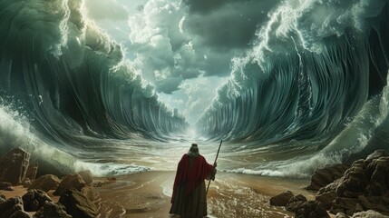 Moses parting the Red Sea, with towering walls of water on either side and a path emerging through the sea bed.