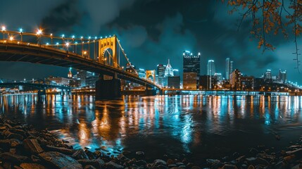 Fototapeta premium Nighttime Cityscape with a Bridge and River