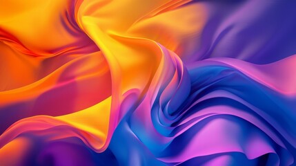 Dynamic abstract background with vibrant fabric-like waves in bold orange, pink, purple, and blue hues, creating a flowing and energetic visual effect