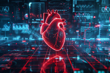 A futuristic digital illustration of a human heart with glowing red and blue elements, showcasing advanced medical technology and data analytics.