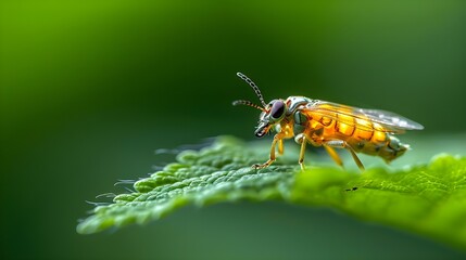 Yellow and Green Insect on Leaf.