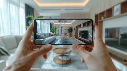 Capturing Modern Living Room Interior with Smartphone in Bright and Stylish Apartment