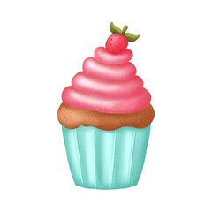 Background  sweet cupcake. Hand drawn strawberry cupcake.  Dessert illustration isolated on white background.Decor