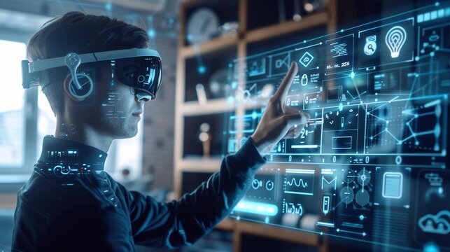 Man Interacting with Futuristic Virtual Reality Interface at Home