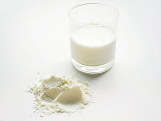  glass cup with milk and powder on  white background