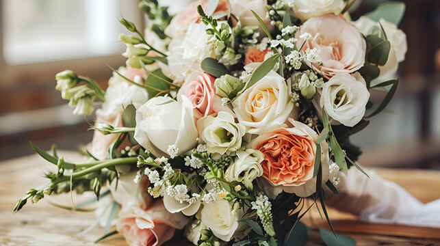 wedding flower bouquet on white table. rose flowers decoration, A luxurious delicate wedding bouquet of roses and eustom , elegant wedding bouquet of fresh natural flowers and greenery
