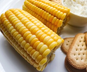 Cooked and cut corn on white plate with cornstarch