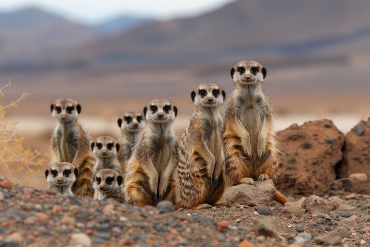 Seven meerkats are seen standing on a rocky desert terrain, observing their surroundings with alert eyes, illustrating their vigilant and social nature amidst the arid landscape. - Powered by Adobe