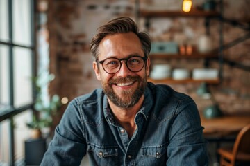 Obraz premium Portrait of a smiling man with glasses and a beard sitting in a cozy kitchen with warm lighting. Generated AI