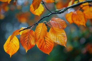 Bright and vibrant autumn leaves in orange and yellow shades captured close-up on a branch with a natural blurred background. Generated AI