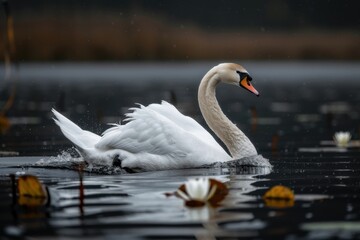 Fototapeta premium A swan swimming peacefully near water lilies and reeds, creating a serene and tranquil scene with its reflection visible in the calm water and natural beauty surrounding it.