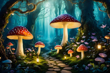 Enchanting Mushroom Forest Path With Glowing Lanterns