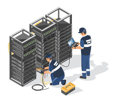 electrical engineer and it support installation setup electric system in server room isometric isolated industrial concept illustration on white background