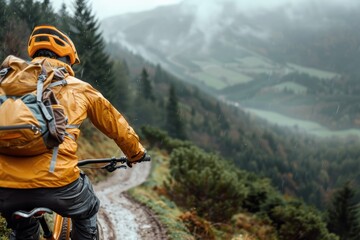 A mountain biker rides on a wet and muddy trail, surrounded by lush green hills and scenic mountain views, capturing the essence of adventure and determination in nature.