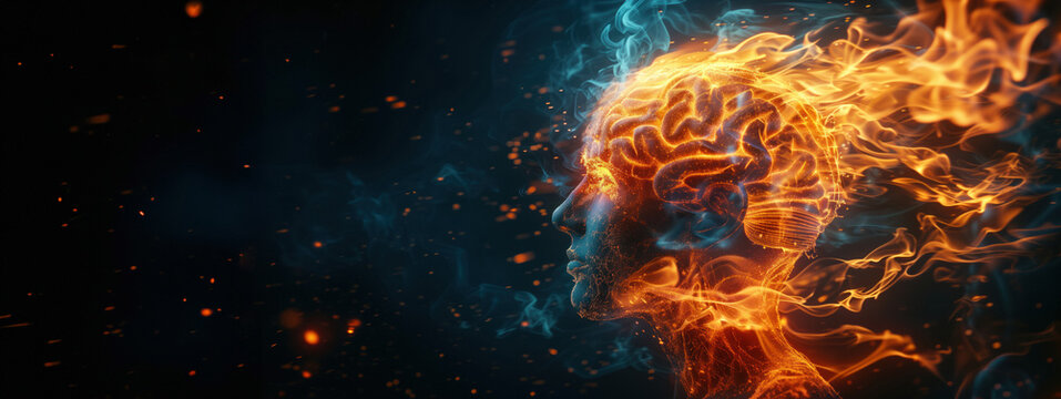 Man with head exploding in fire and smoke, brain made of energy glowing