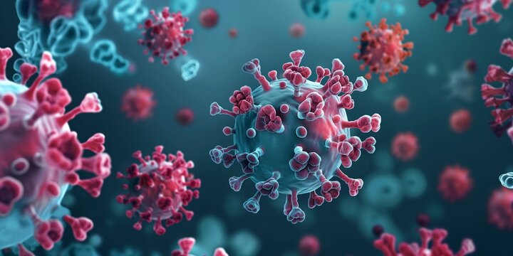 A detailed 3D rendering of the COVID-19 virus, depicting red coronaviruses with a blue background, representing scientific research.