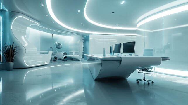 Futuristic Office Space: Photograph an innovative and futuristic office interior with advanced technology and ergonomic design.