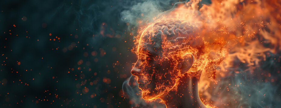 Man with head exploding in fire and smoke, brain made of energy glowing