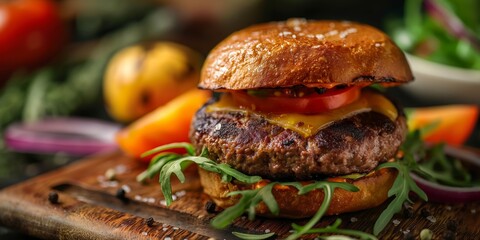 A gourmet cheeseburger with fresh arugula, tomato, and spices, presented on a rustic wooden board for a savory meal.