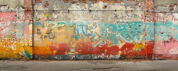 A weathered brick wall covered in graffiti, its vibrant colors and bold messages adding a layer of urban art to the landscape.