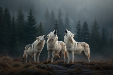 Fototapeta premium Three wolves stand together, howling in unison against a backdrop of dense trees in a misty forest, creating a powerful and hypnotic scene of wild unity.