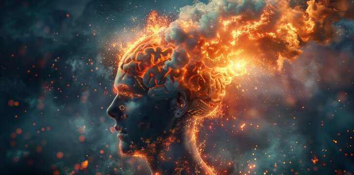 Man with head exploding in fire and smoke, brain made of energy glowing