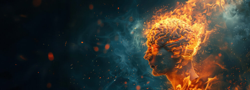Man with head exploding in fire and smoke, brain made of energy glowing