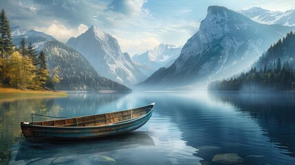 Fishing boat in a serene mountain lake, set against a backdrop of towering peaks and calm waters