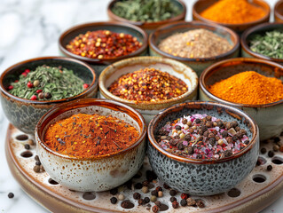 Fototapeta premium The bowls are full of various colored spices