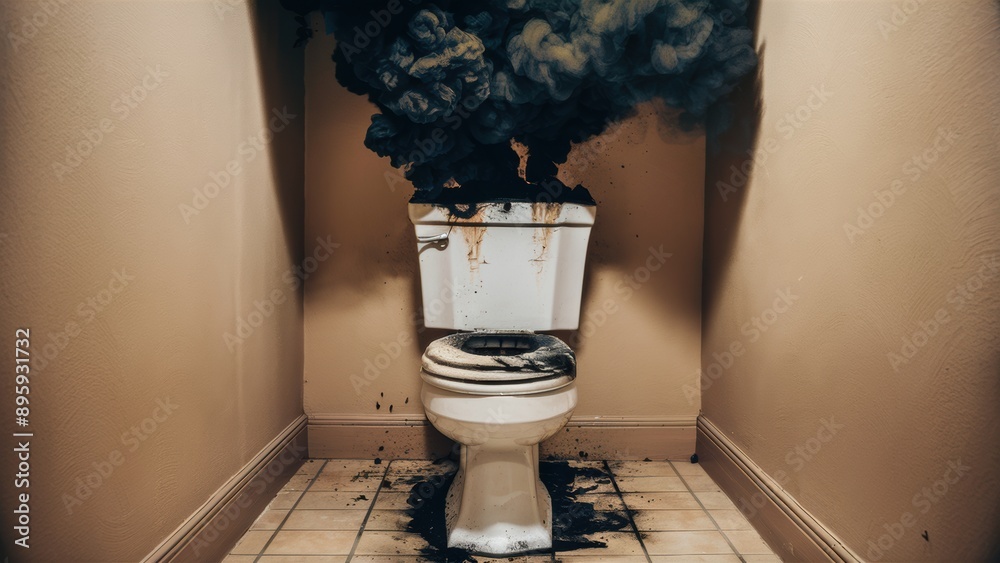 Sticker A toilet with a black substance coming out of it in the bathroom, AI