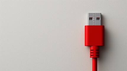 Minimalistic photo of a red USB cable with a connector against a white background, highlighting modern technology and connectivity