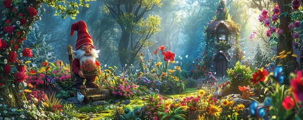 A whimsical scene of a gnome tending to his garden, surrounded by colorful flowers and playful creatures.