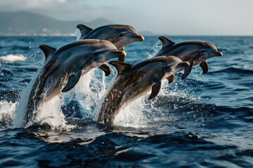 Obraz premium Four dolphins jump high from the ocean waves, moving in perfect synchrony, epitomizing joy and freedom amidst the stunning blue waters and scenic backdrop.