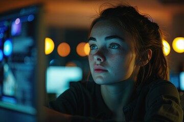 Focused female programmer working hard in a darkened office illuminated by the light of computer screens