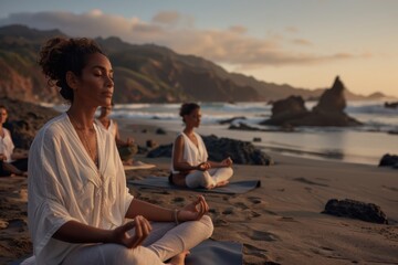 A meditative group yoga session takes place on a picturesque beach at sunset, surrounded by rocky formations and the soothing presence of the ocean waves.