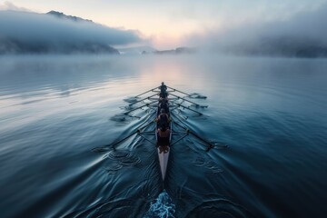 An image featuring early morning rowers moving in a synchronized manner on a serene lake, showcasing the beauty of teamwork and the peacefulness of early dawn.